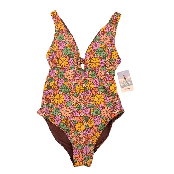 NEW Roxy All About Sol One Piece Swimsuit L Floral Plunge V Neck Hippie Retro - Picture 2 of 9